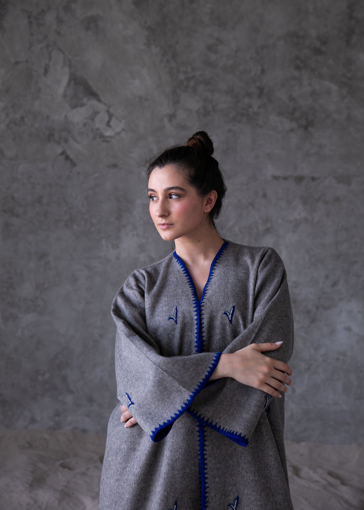 Winter abaya with handmade crochet and embroidery - Grey
