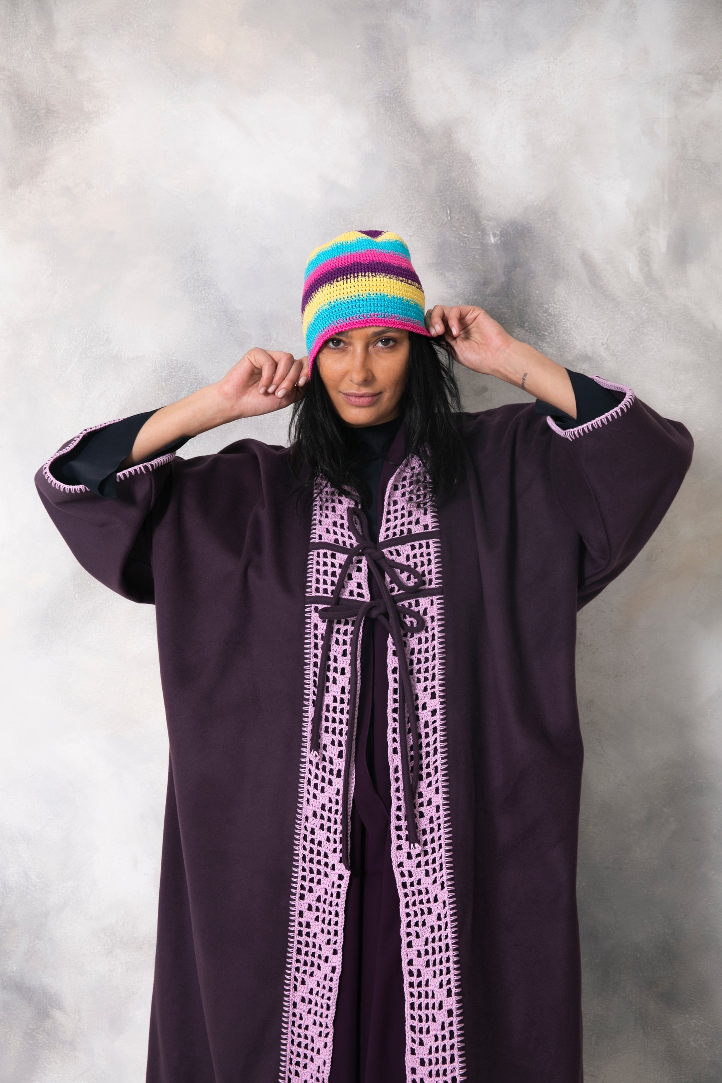 Dark Purple wool abaya with handmade crochet front
