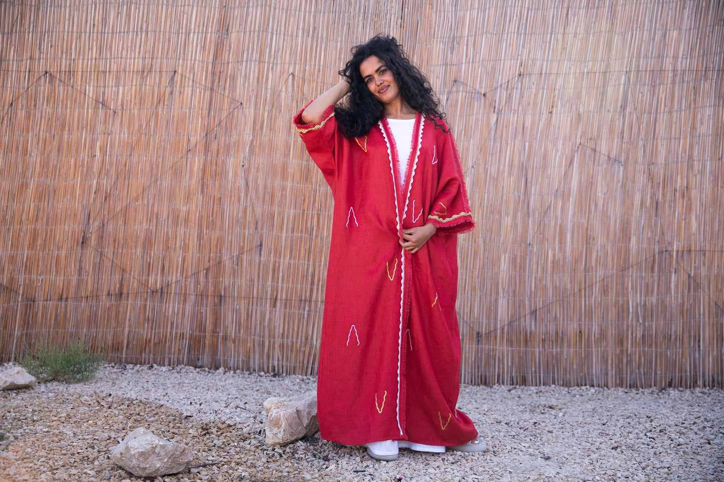 Linen abaya with handmade crochet and embroidery - Red