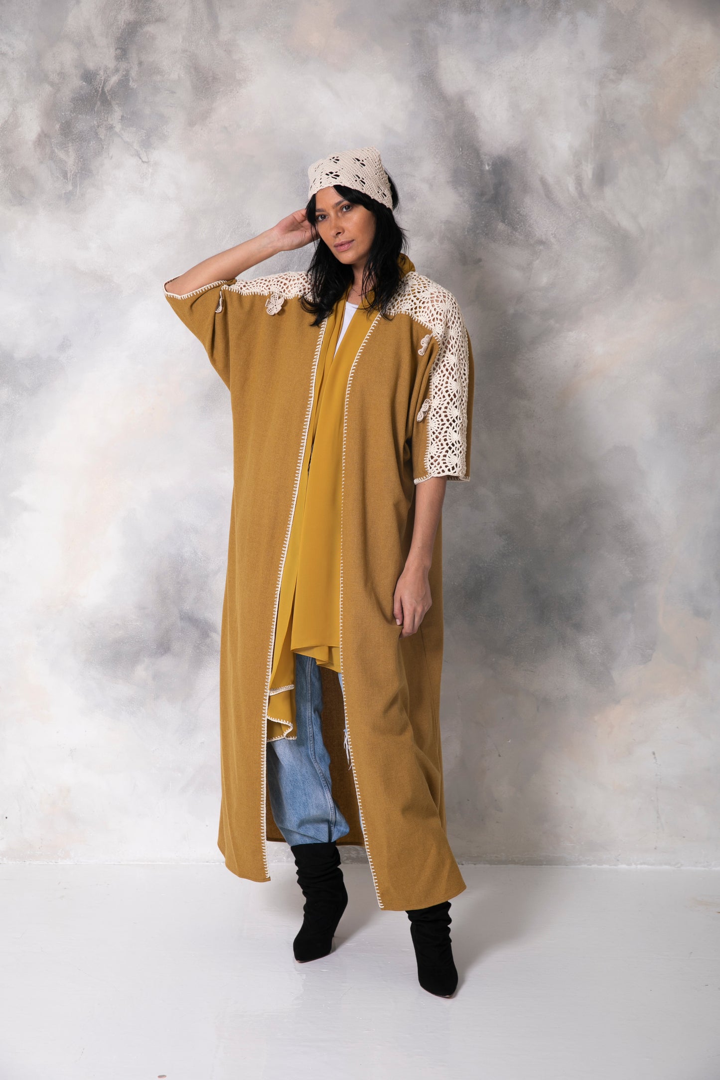 Mustard light wool abaya with handmade crochet