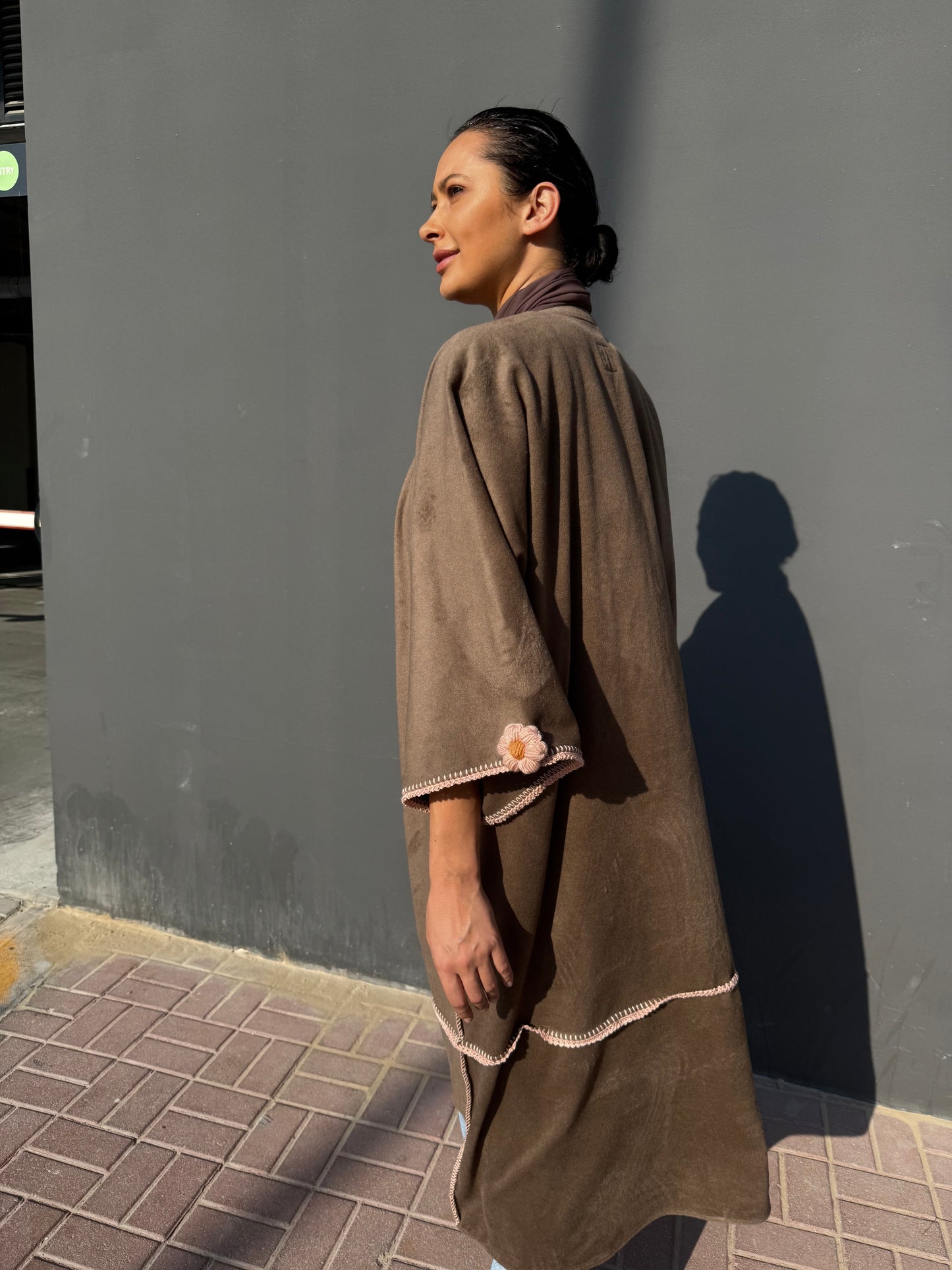 cashmere abaya with handmade crochet flowers - Brown