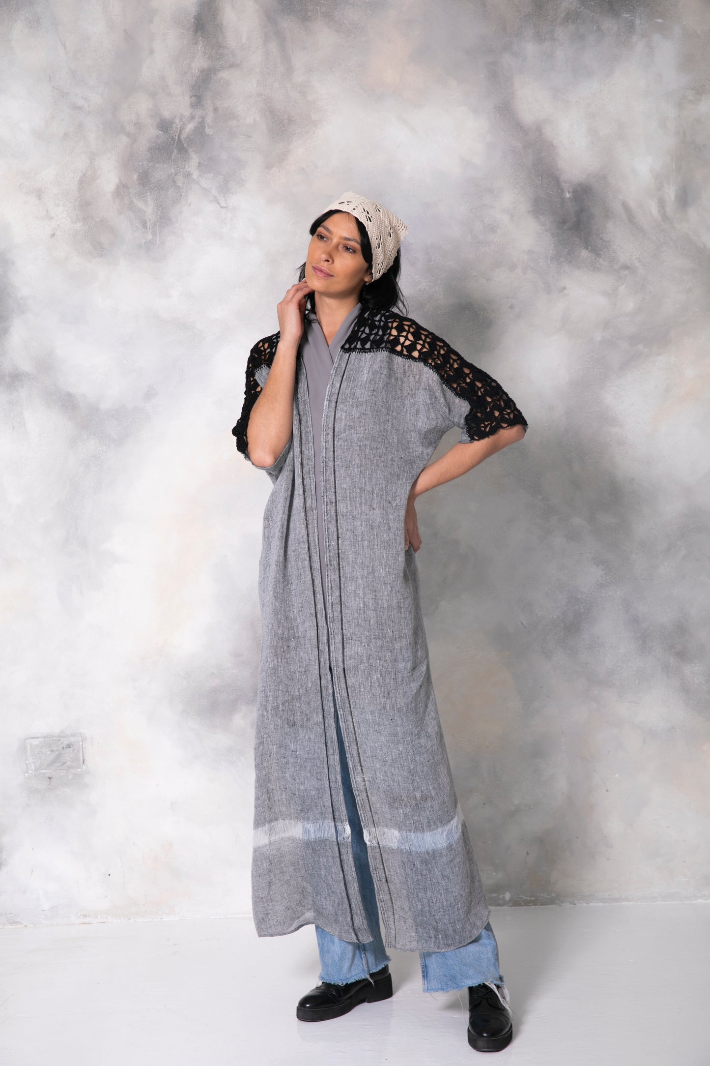 Dark grey linen abaya with handmade crochet