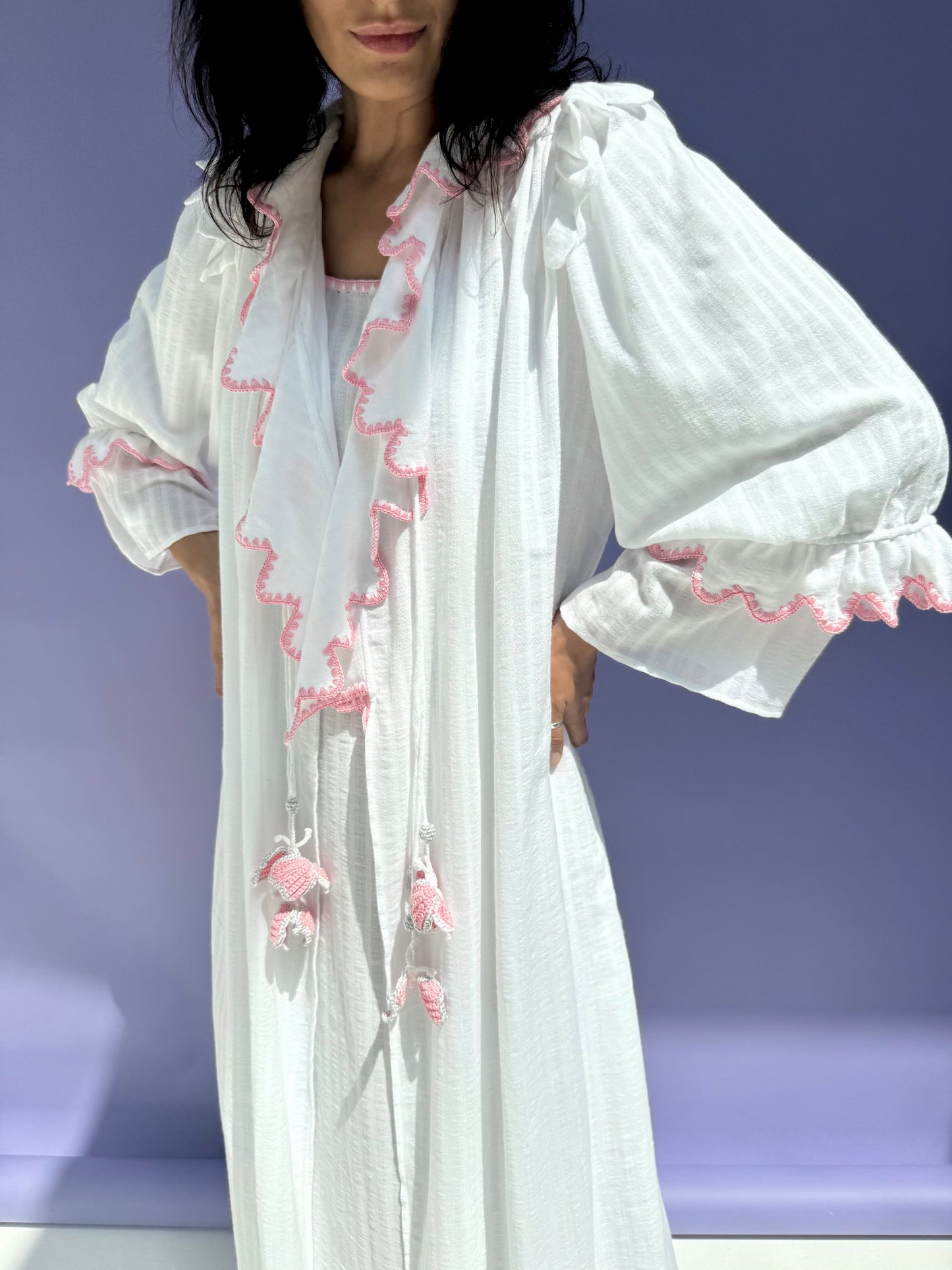 Stripe Muslin Butterfly Abaya Set - White