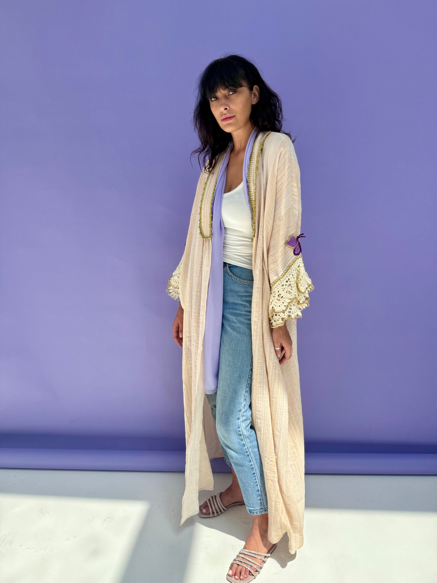 Lavender Stripe Muslin Abaya Butterfly