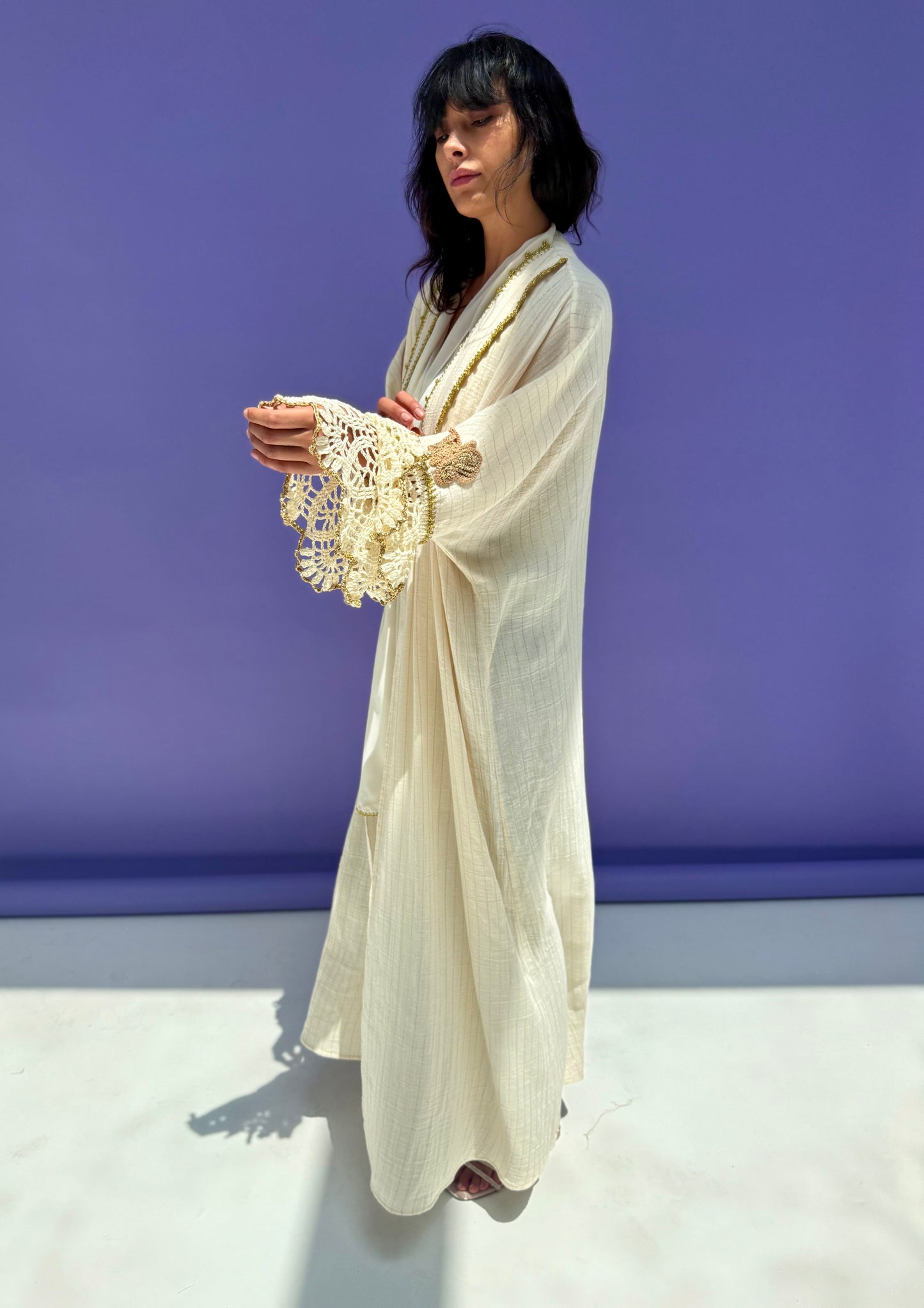Golden Stripe Muslin Abaya Butterfly