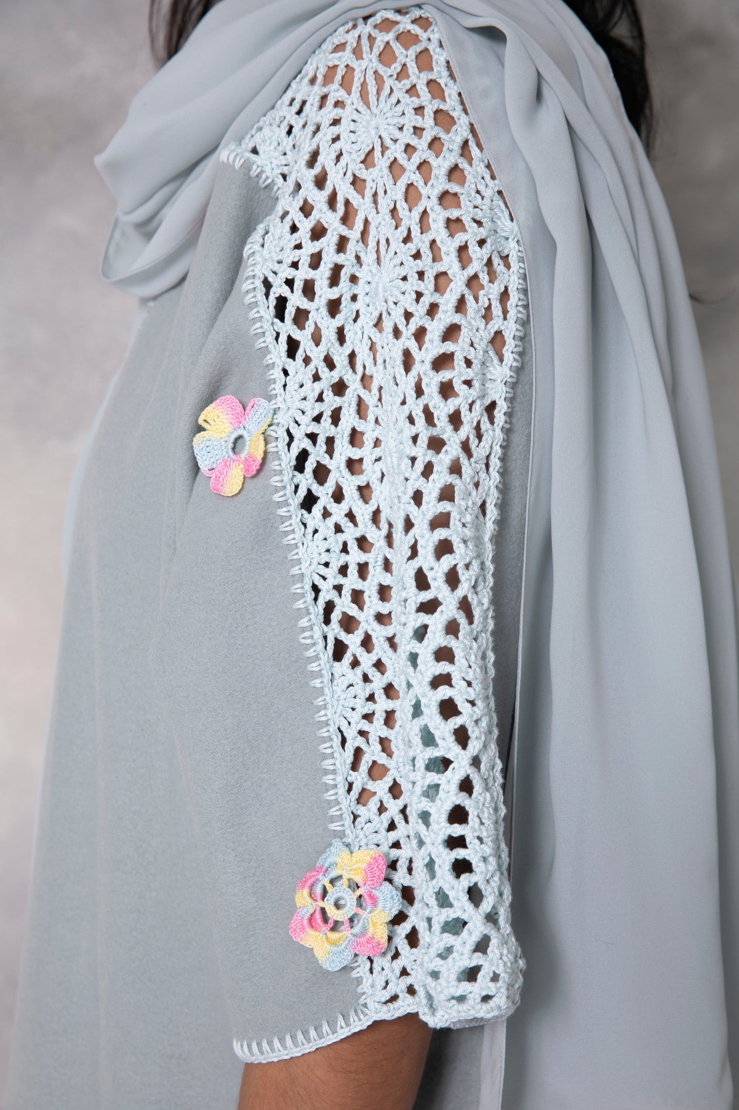 Light blue wool abaya with handmade crochet
