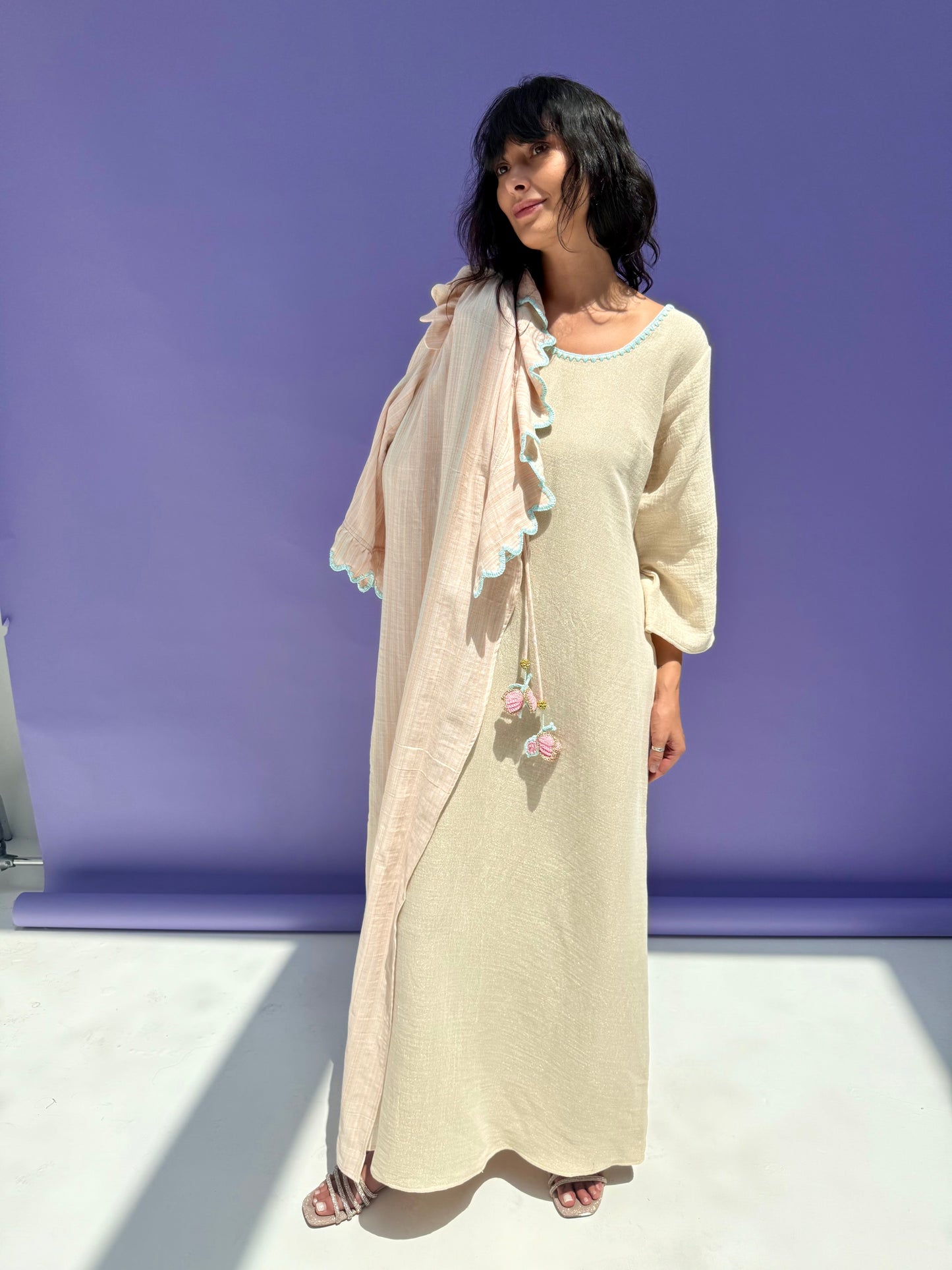 Stripe Muslin Butterfly Abaya Set - Pink Stripe