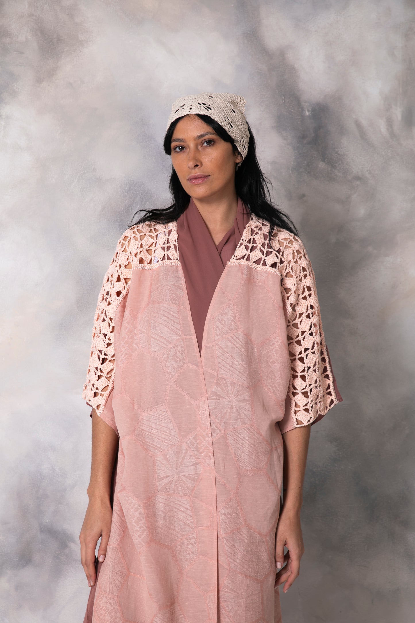 2 tone blush abaya with handmade crochet
