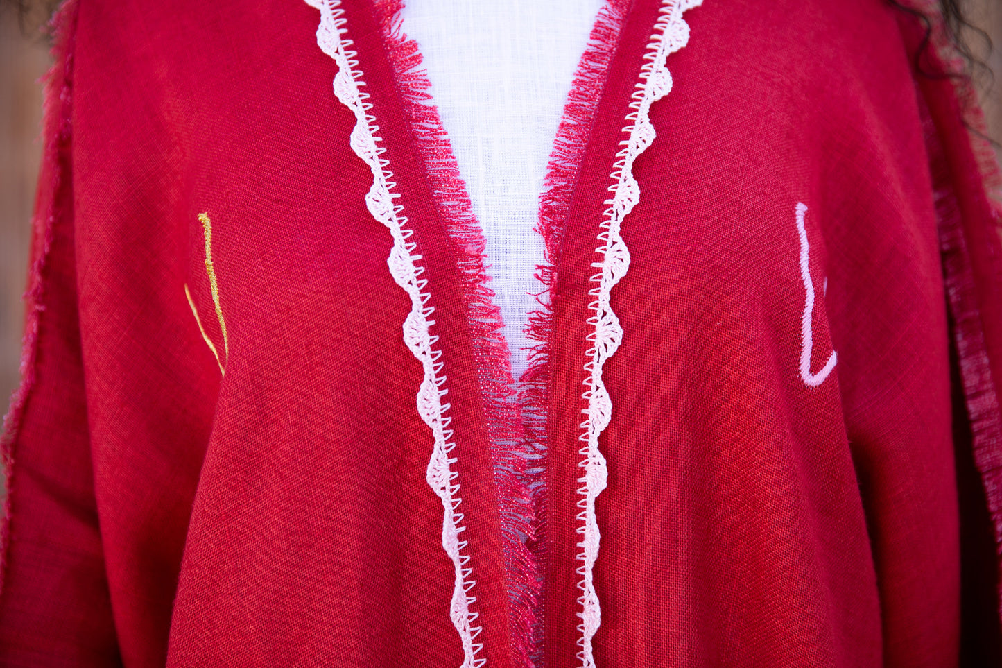 Linen abaya with handmade crochet and embroidery - Red