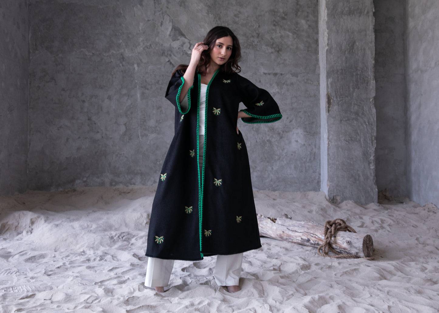 Winter abaya with handmade embroidery and crochet- Black
