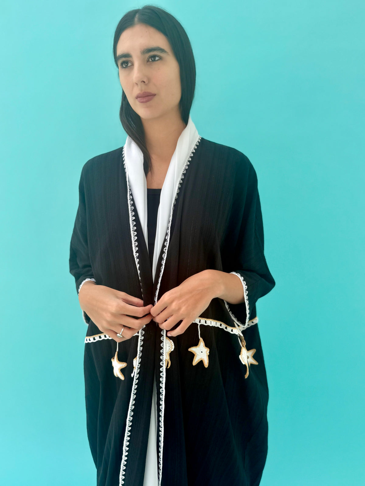 Seaworld Drop- Black linen abaya with white handmade crochet