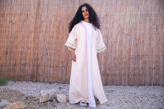 Linen abaya with handmade embroidery and crochet - off white