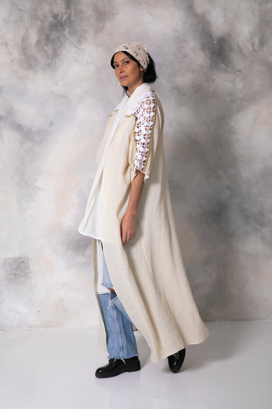 Linen gold shimmer abaya with handmade crochet