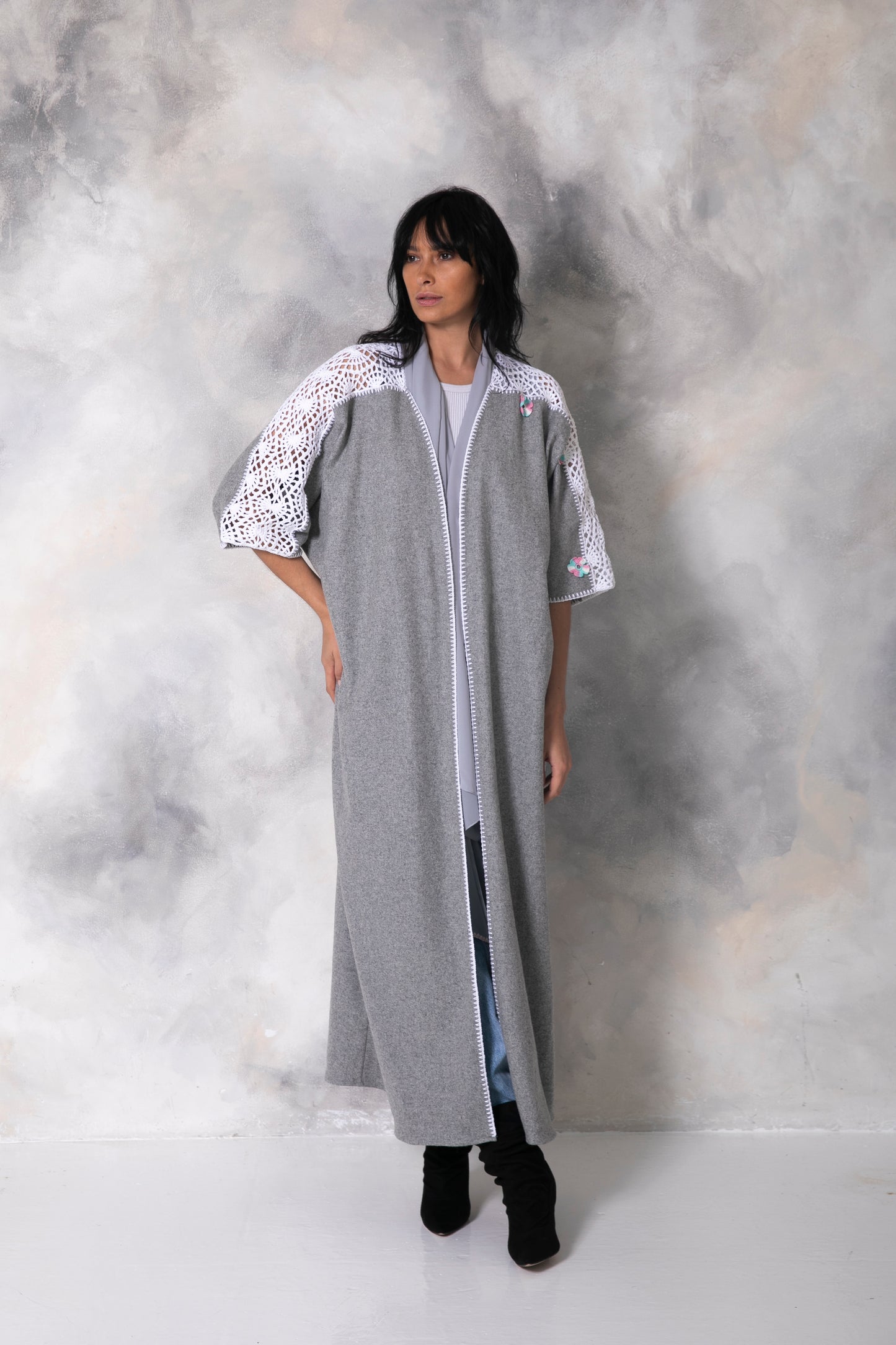 Light grey wool abaya with handmade crochet
