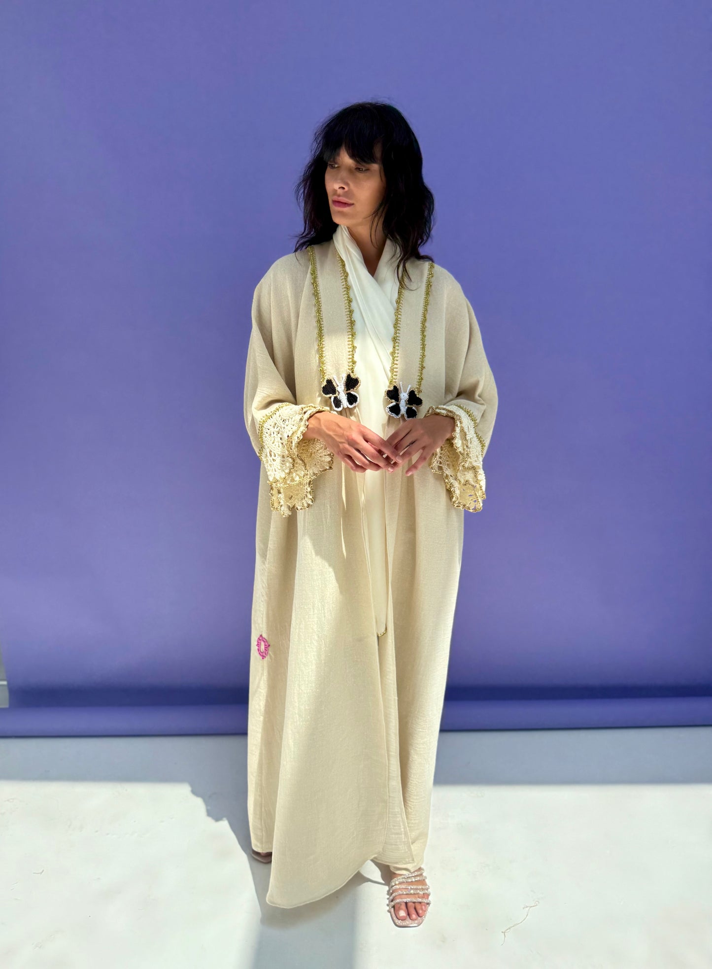 Golden Shimmer Muslin Abaya Butterfly