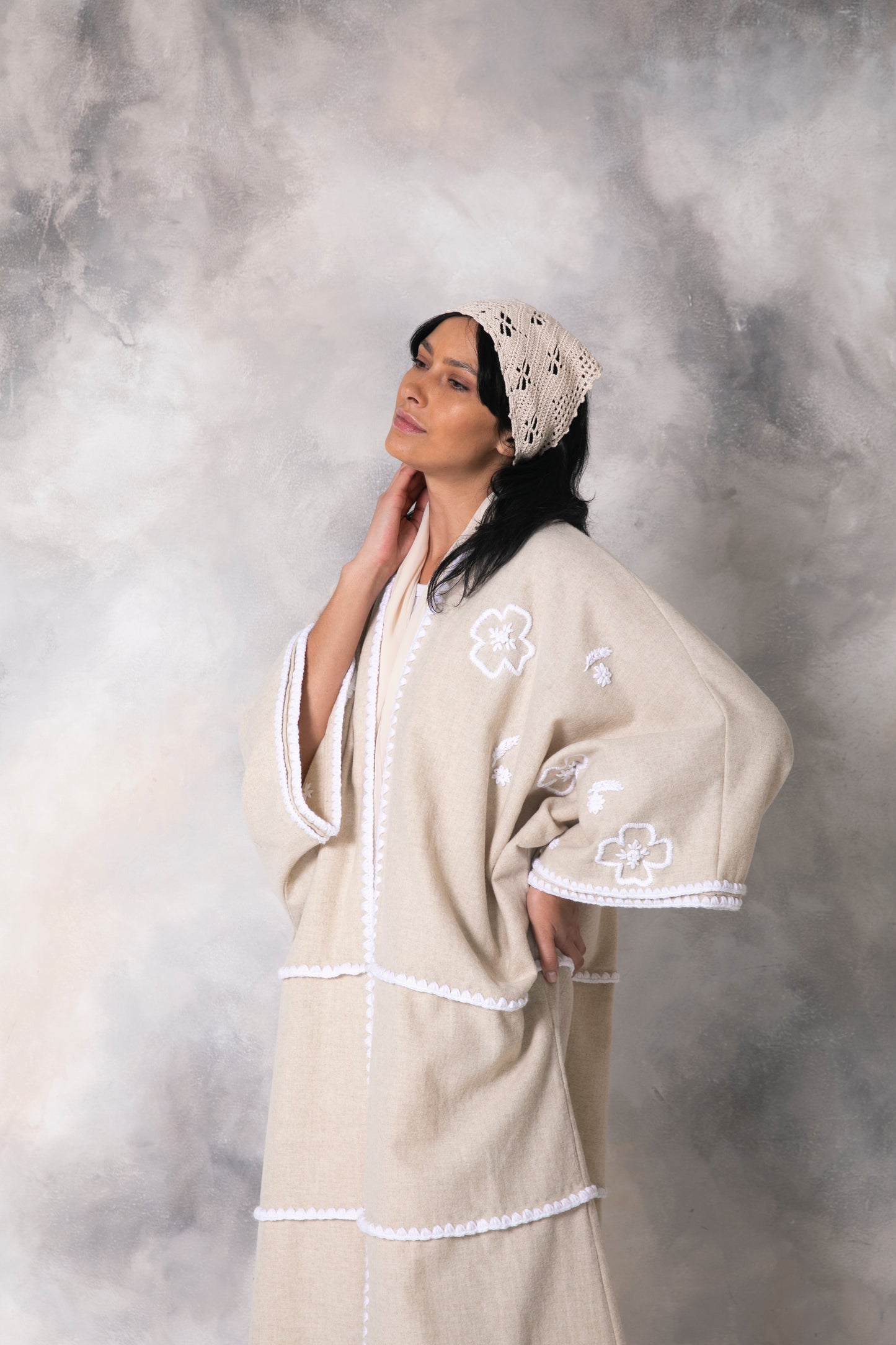 Off white wool abaya with handmade crochet and embroidery