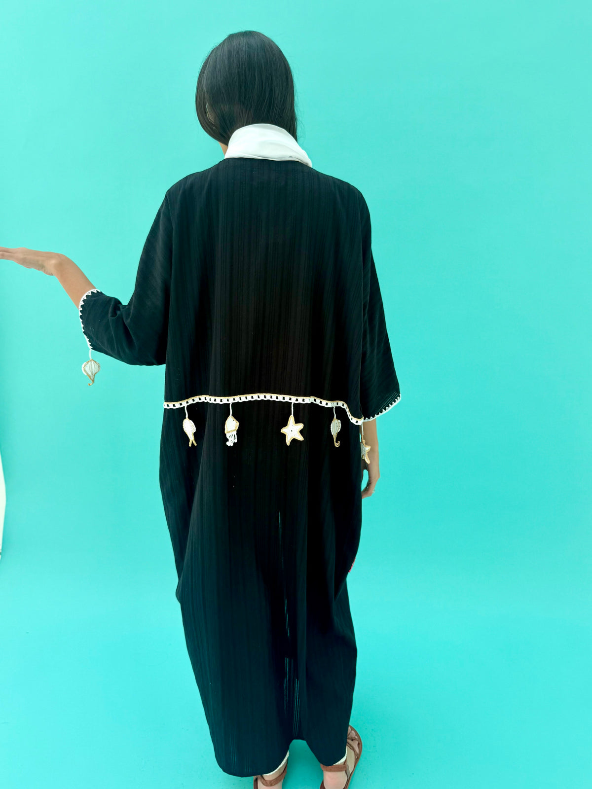 Seaworld Drop- Black linen abaya with white handmade crochet