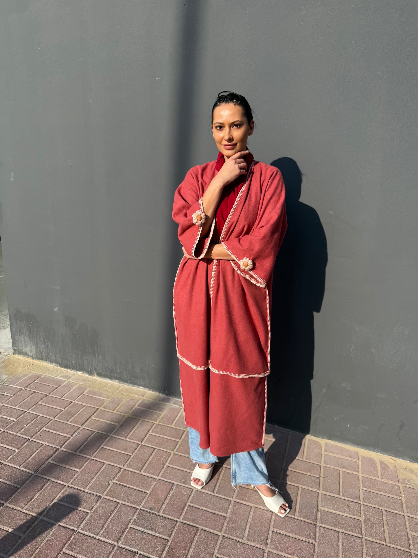 Cashmere wool abaya with handmade crochet - Maroon