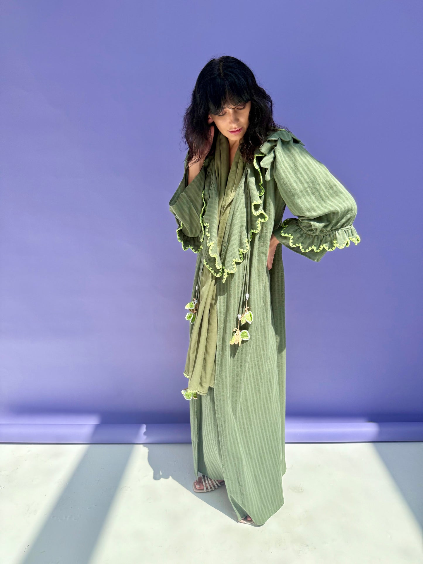 Stripe Muslin Butterfly Abaya set - Green