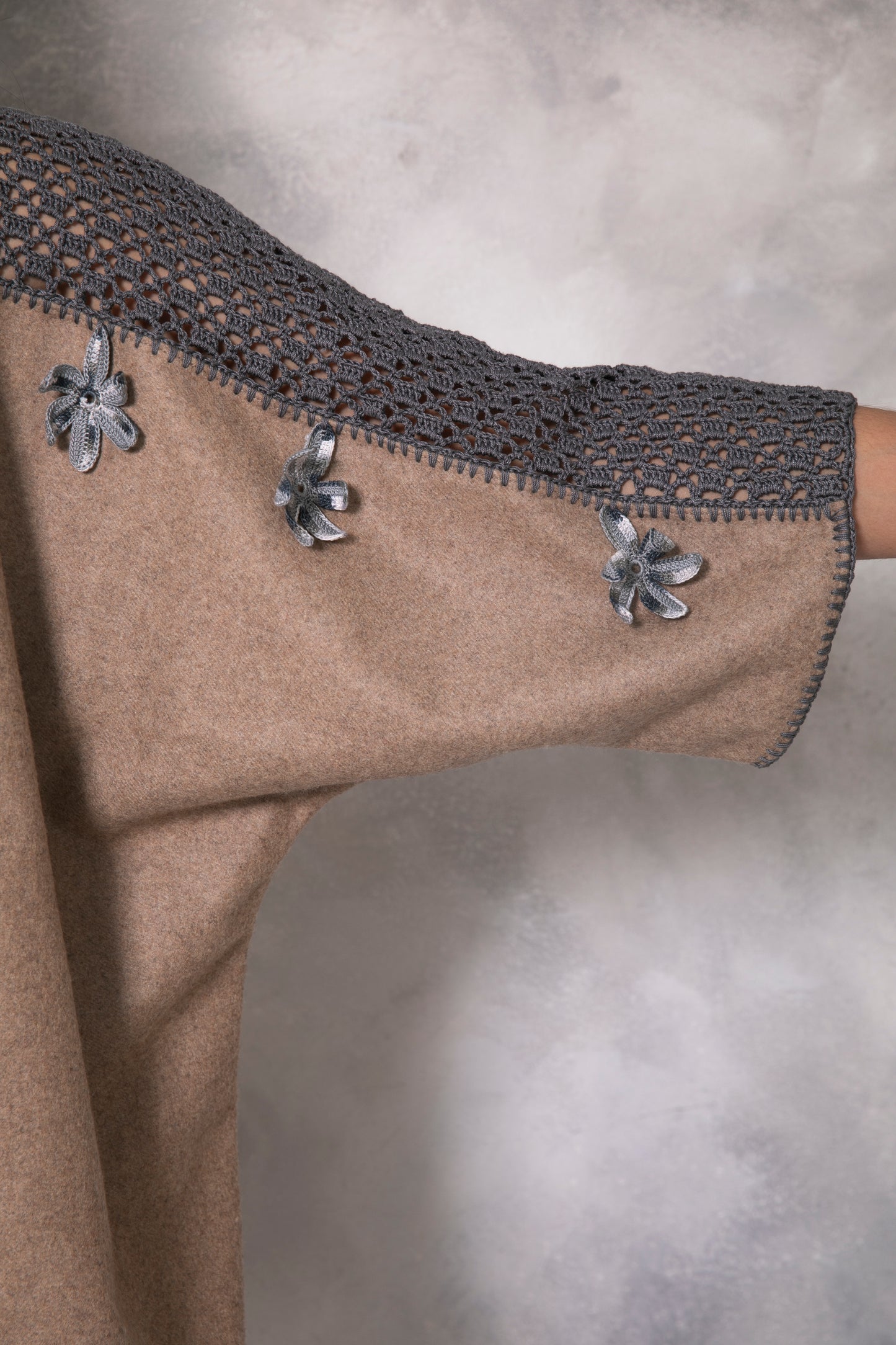 Brown wool coat with handmade crochet