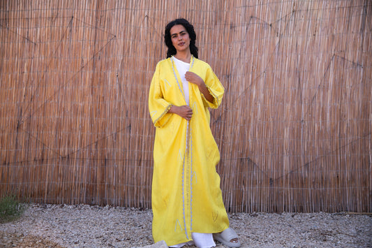 Linen Abaya with handmade embroidery and crochet / Yellow