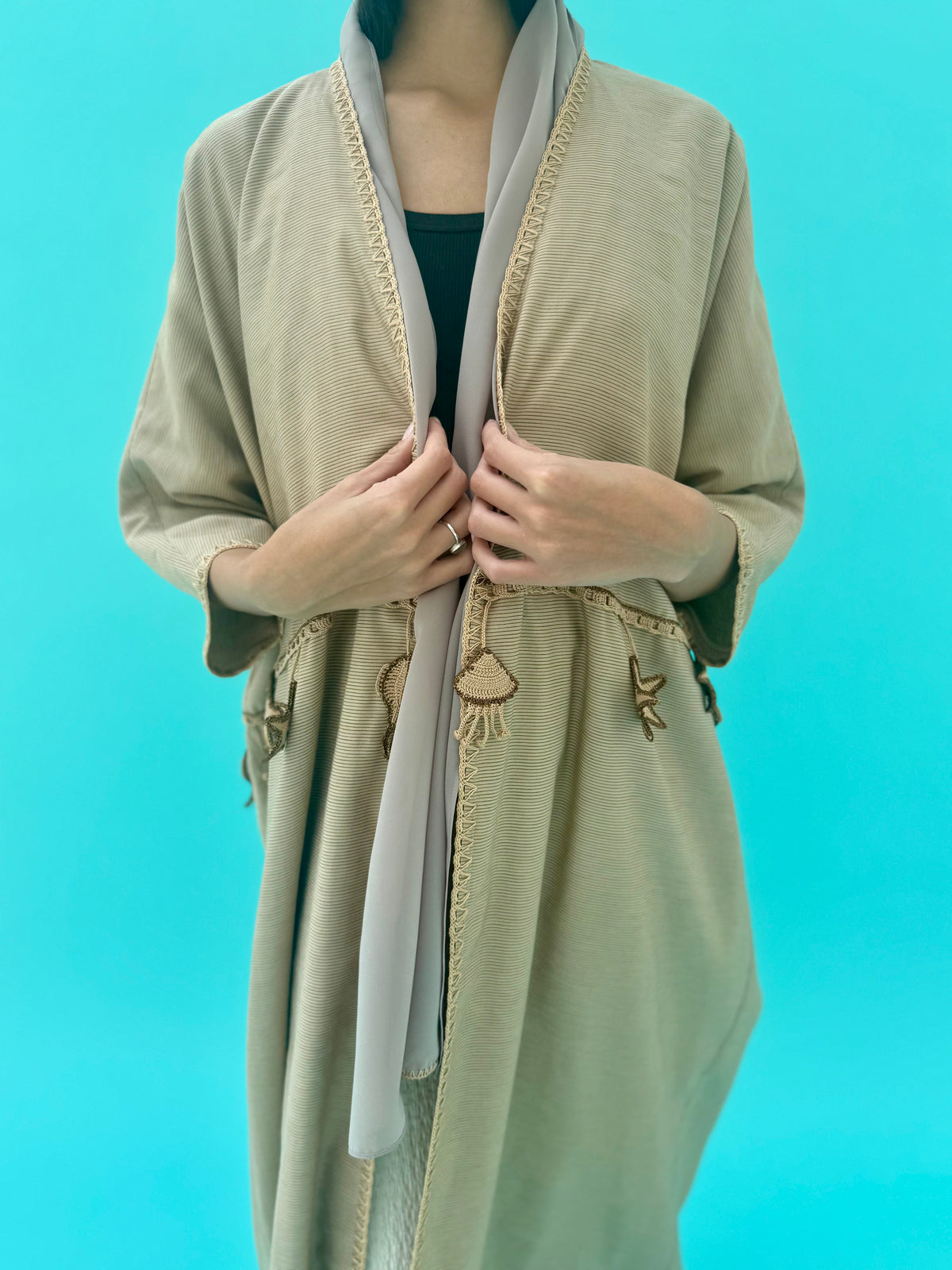 Seaworld Drop- Beige cotton abaya with beige handmade crochet