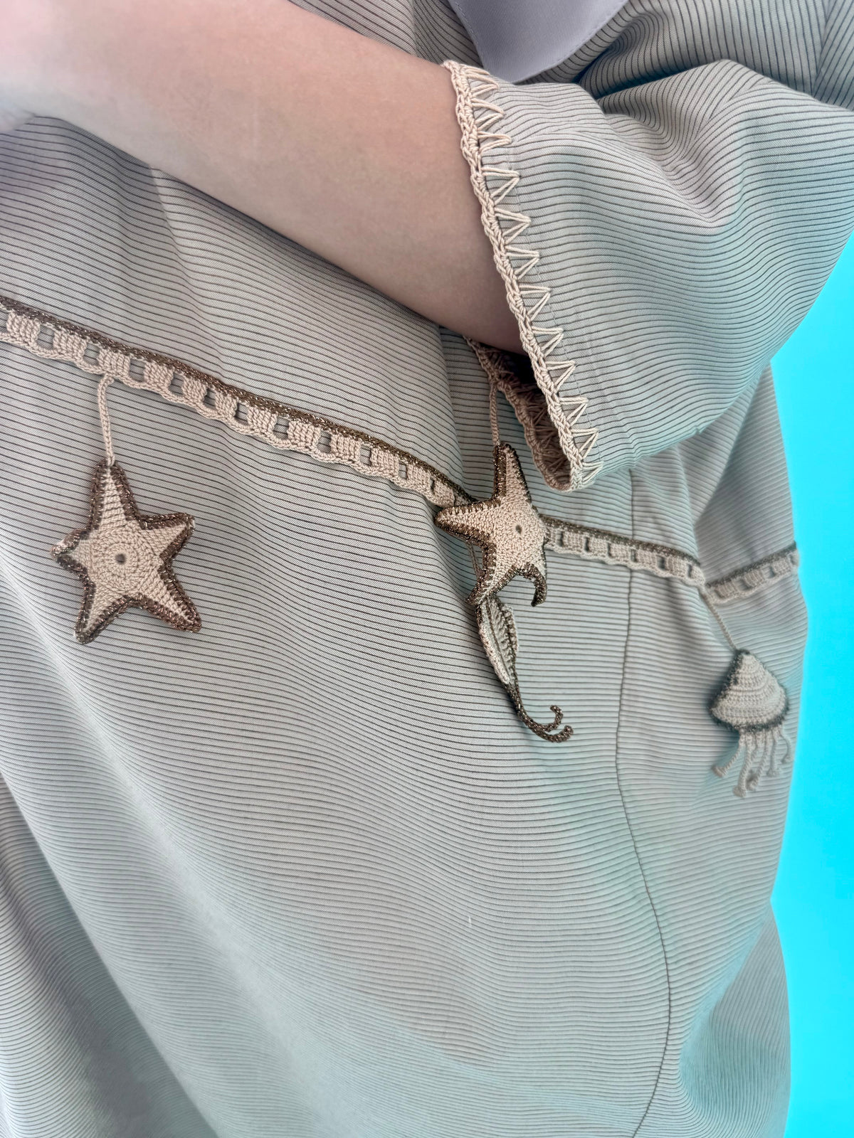 Seaworld Drop- Beige cotton abaya with beige handmade crochet