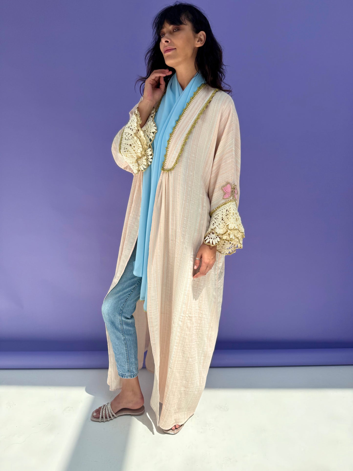 Pink Stripe Muslin Abaya Butterfly