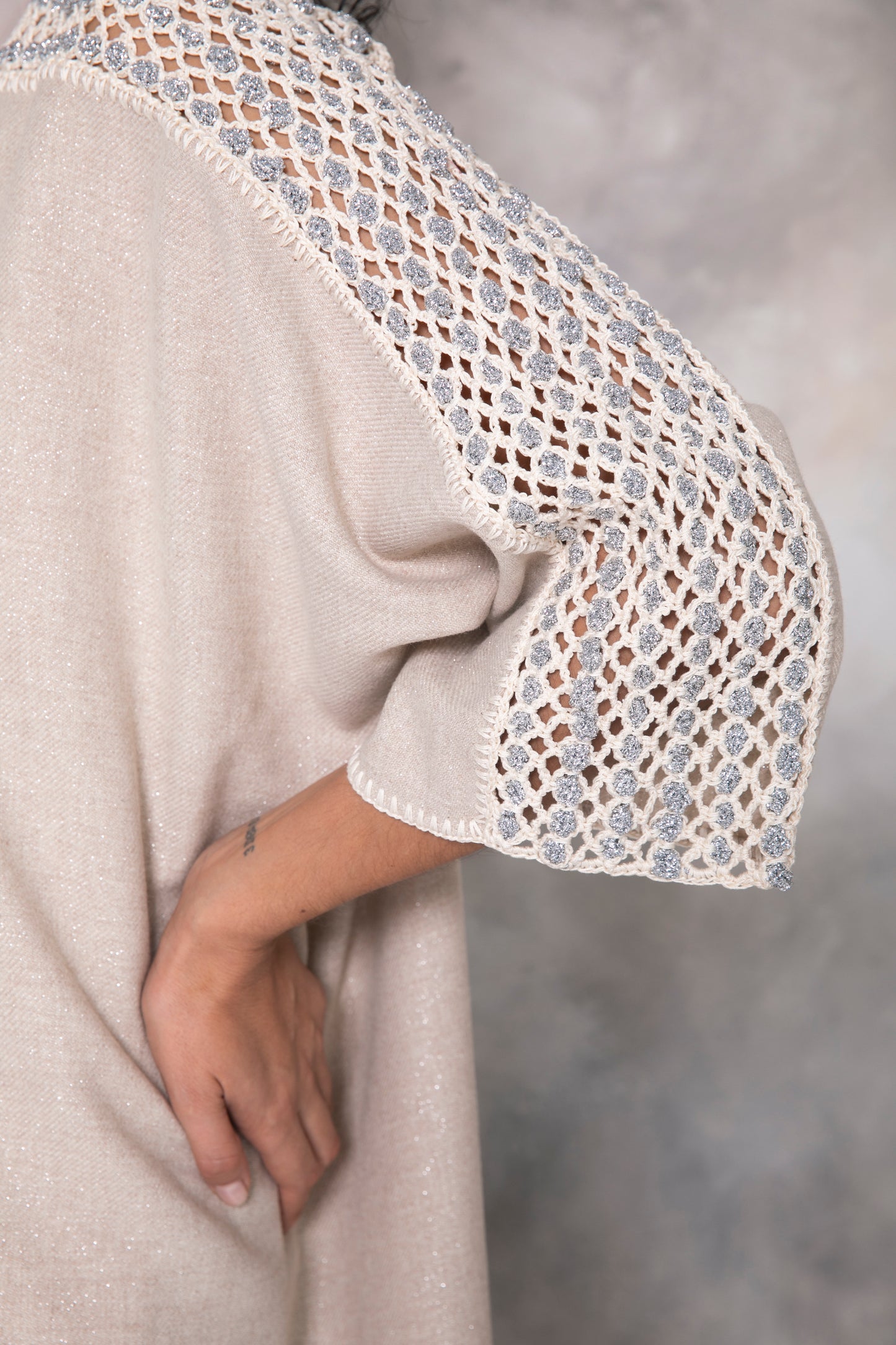 Off white silver shimmering wool abaya with handmade crochet