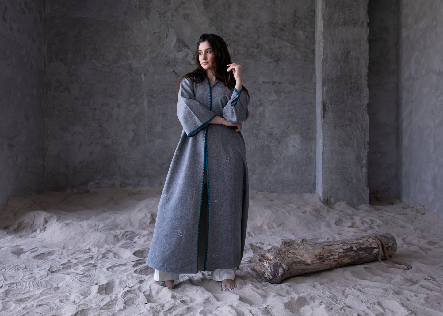 Winter Abaya with handmade embroidery and Crochet - Light Grey