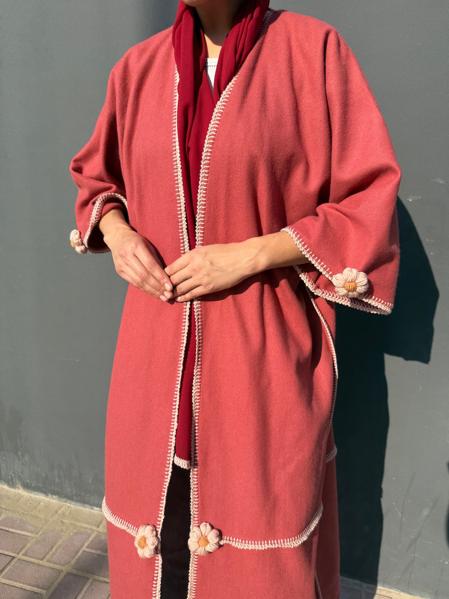 Cashmere wool abaya with handmade crochet - Maroon