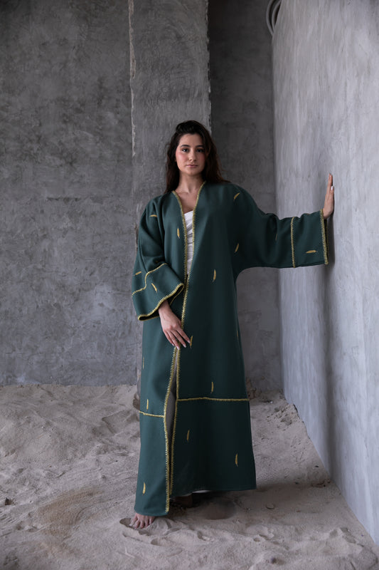 Winter abaya with handmade embrodiery and chrochet- Green