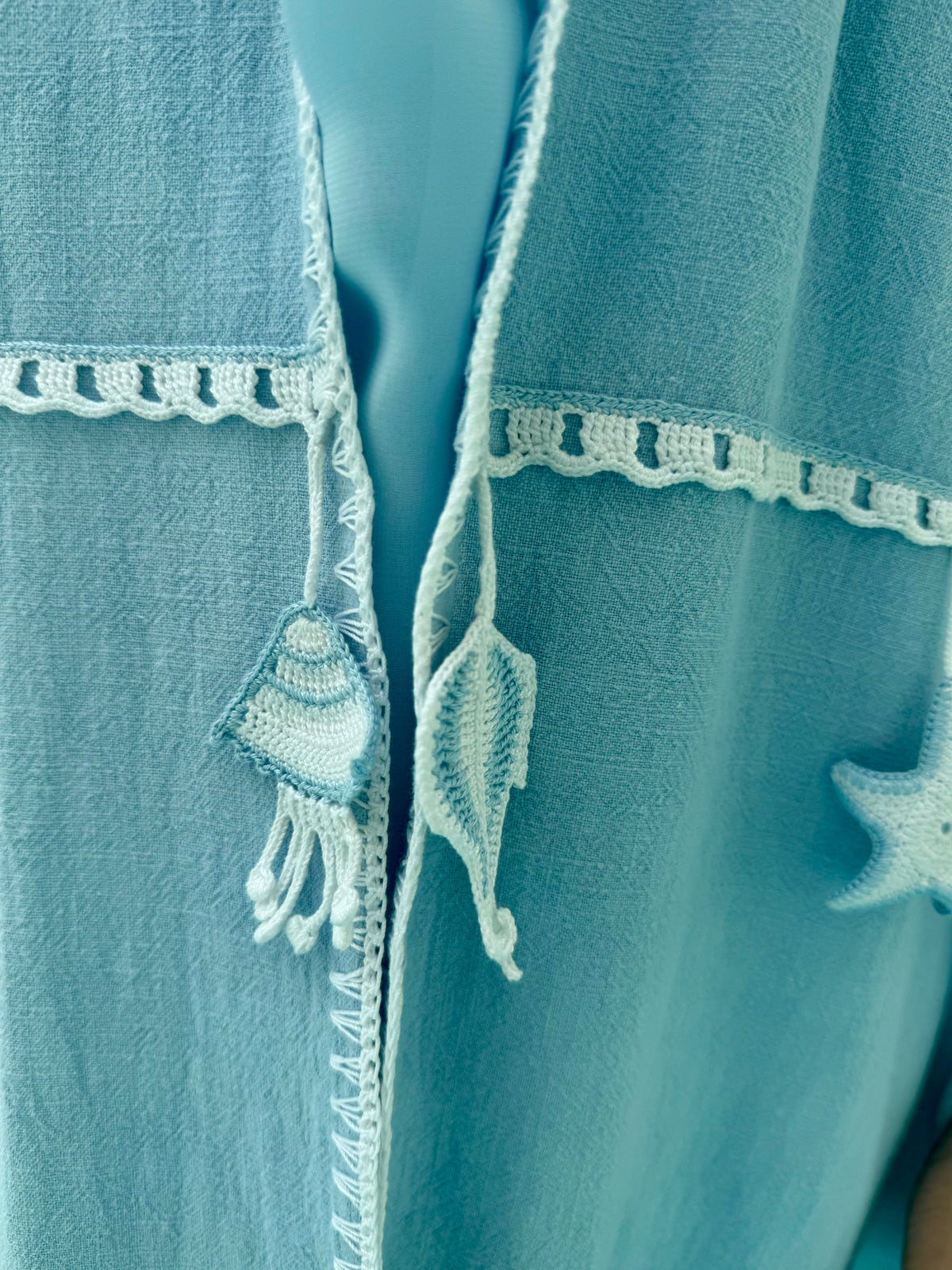 Seaworld Drop- Light Blue linen abaya with white handmade crochet