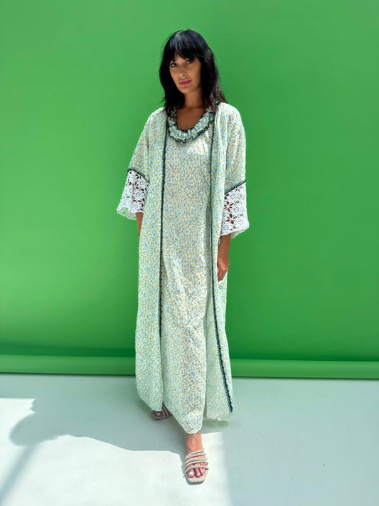 Daisy Drop 2 - floral print abaya set with handmade crochet sleeves
