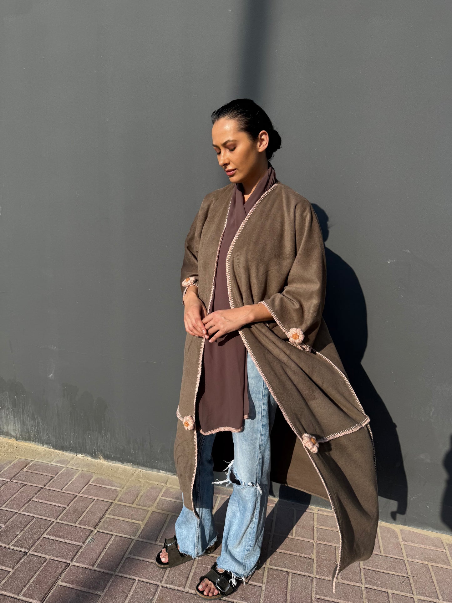 cashmere abaya with handmade crochet flowers - Brown