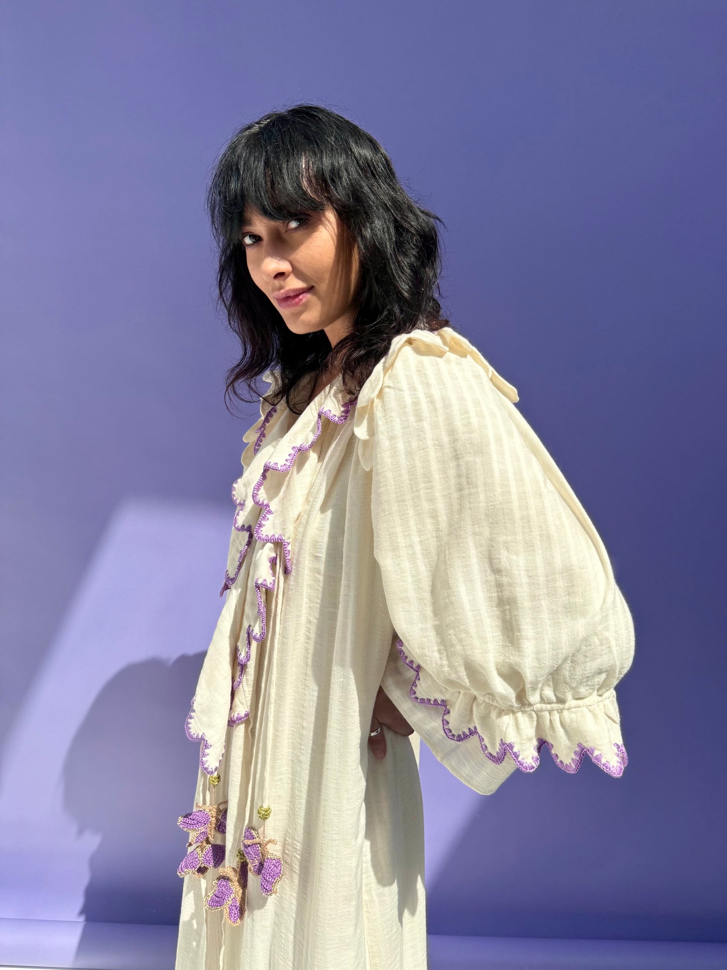Stripe Muslin Butterfly Abaya Set - Cream