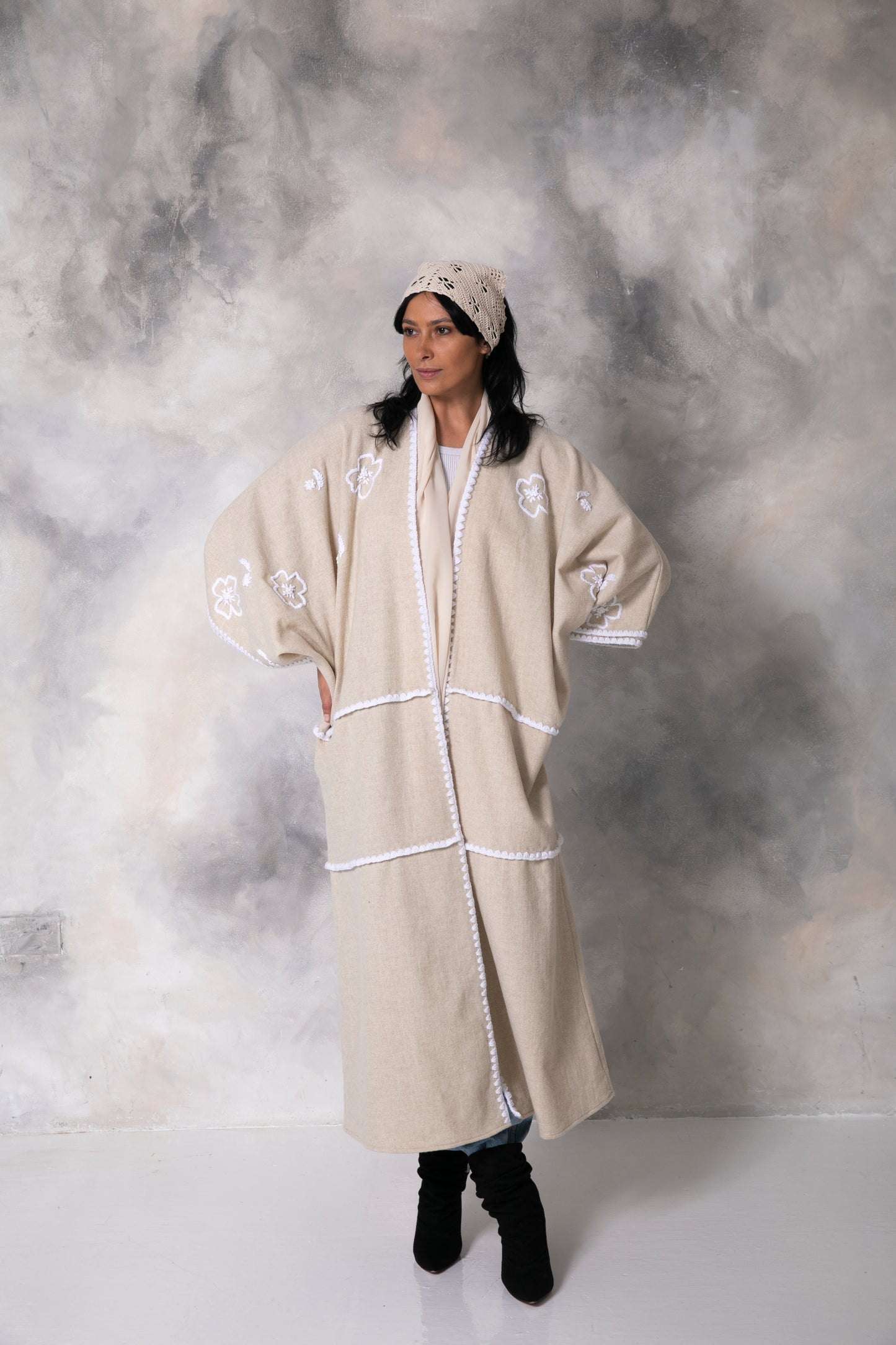 Off white wool abaya with handmade crochet and embroidery