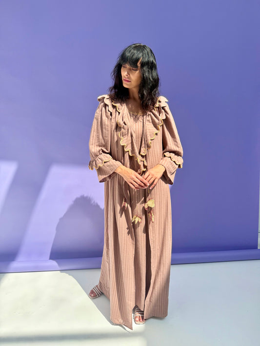 Stripe Muslin Butterfly Abaya Set - Brown