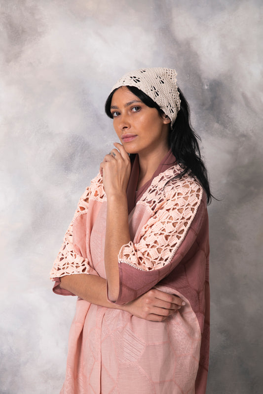2 tone blush abaya with handmade crochet