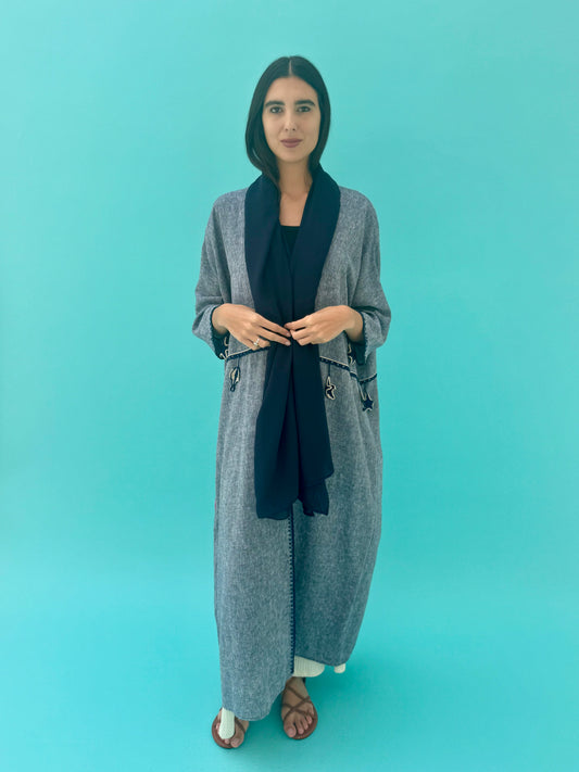 Seaworld Drop- Navy Blue linen abaya with navy handmade crochet