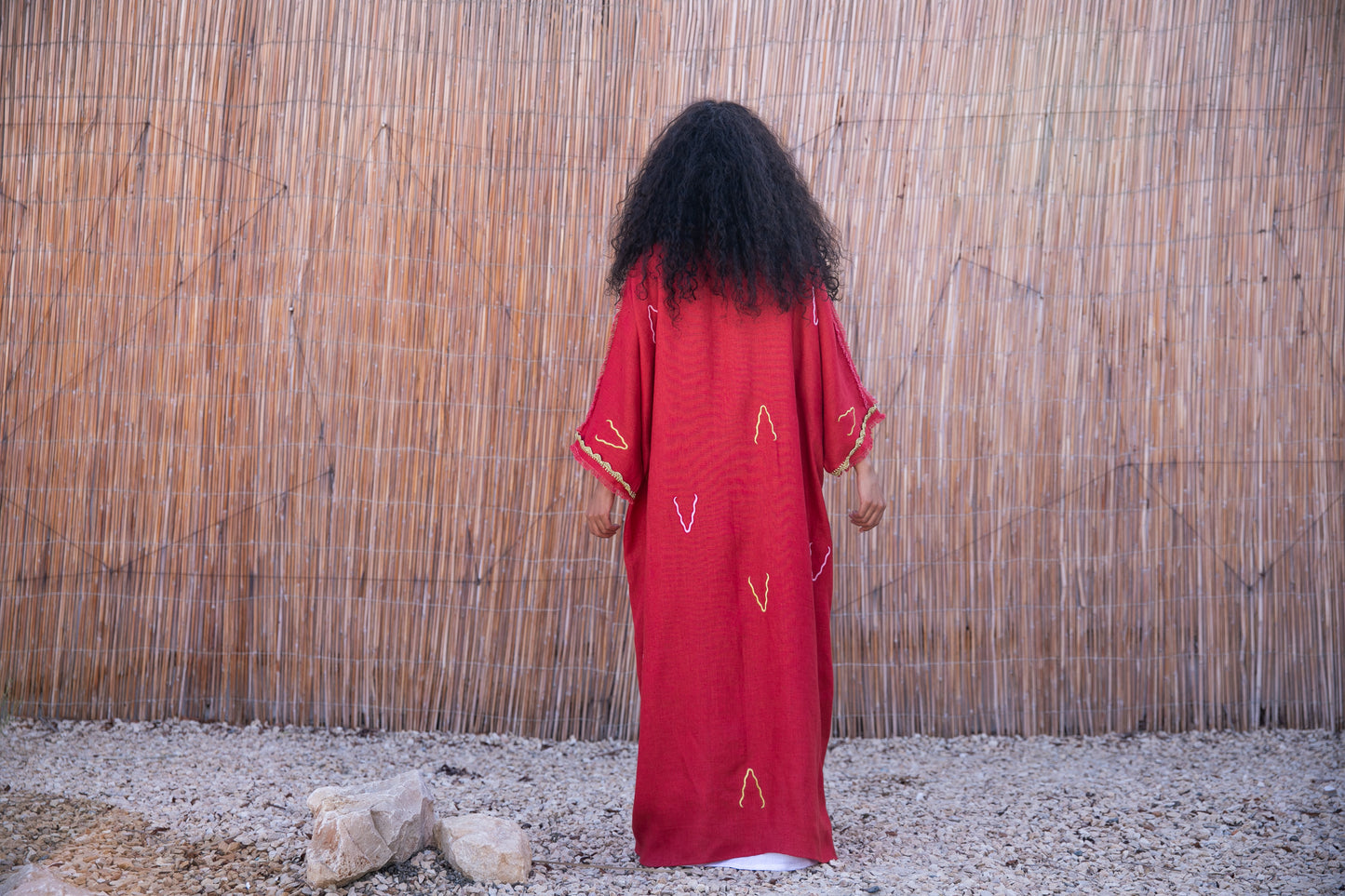 Linen abaya with handmade crochet and embroidery - Red