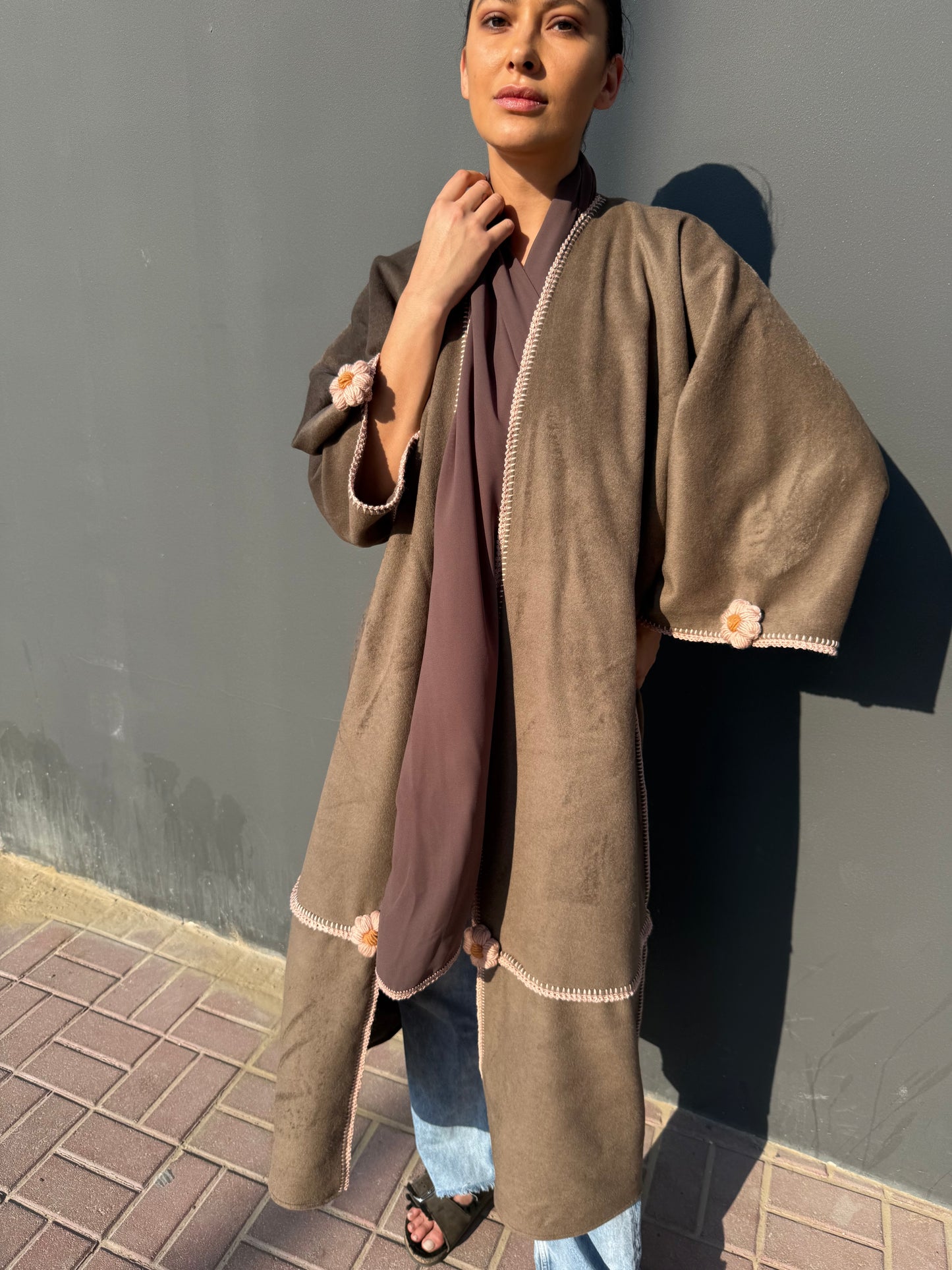 cashmere abaya with handmade crochet flowers - Brown