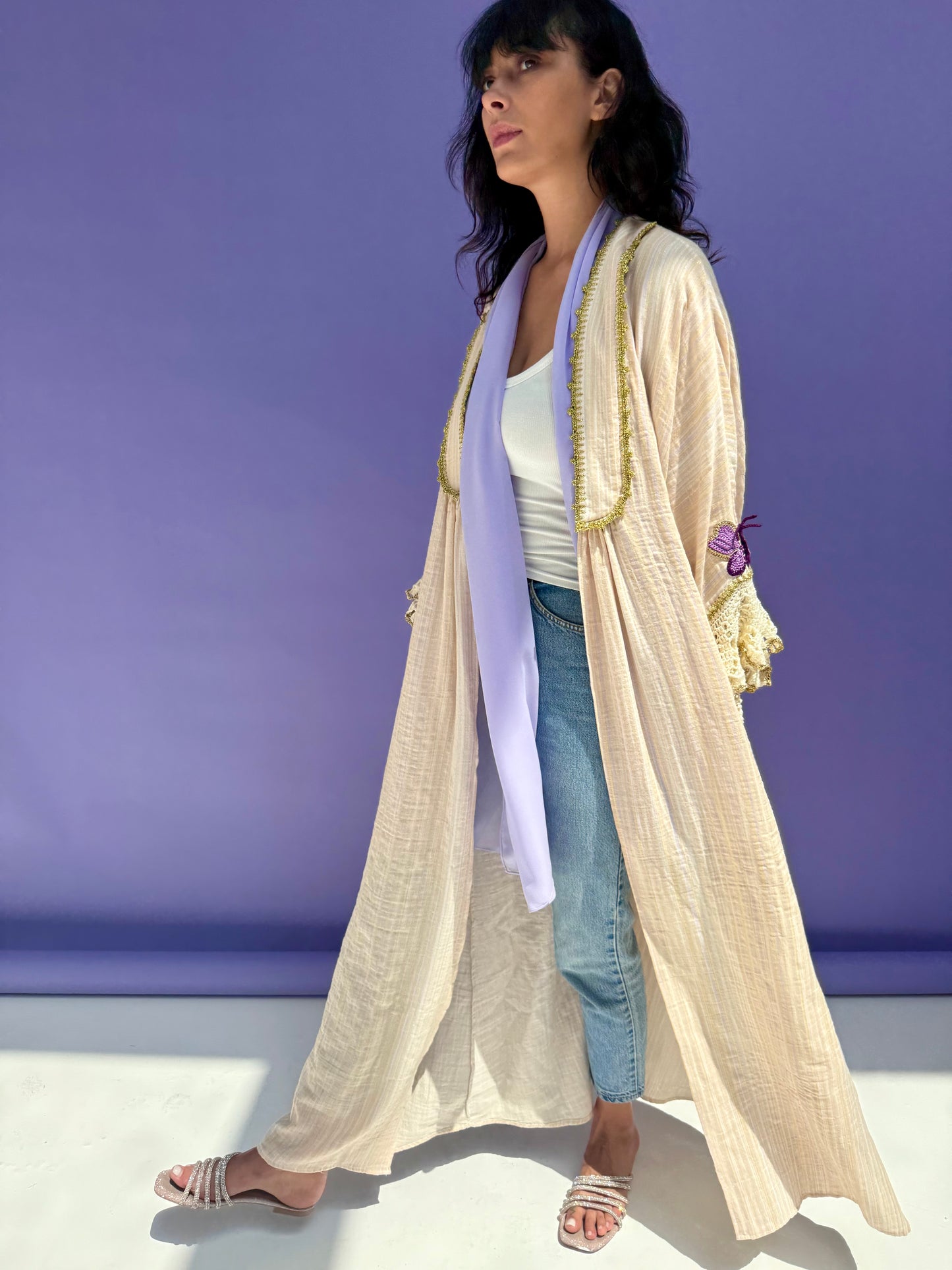 Lavender Stripe Muslin Abaya Butterfly
