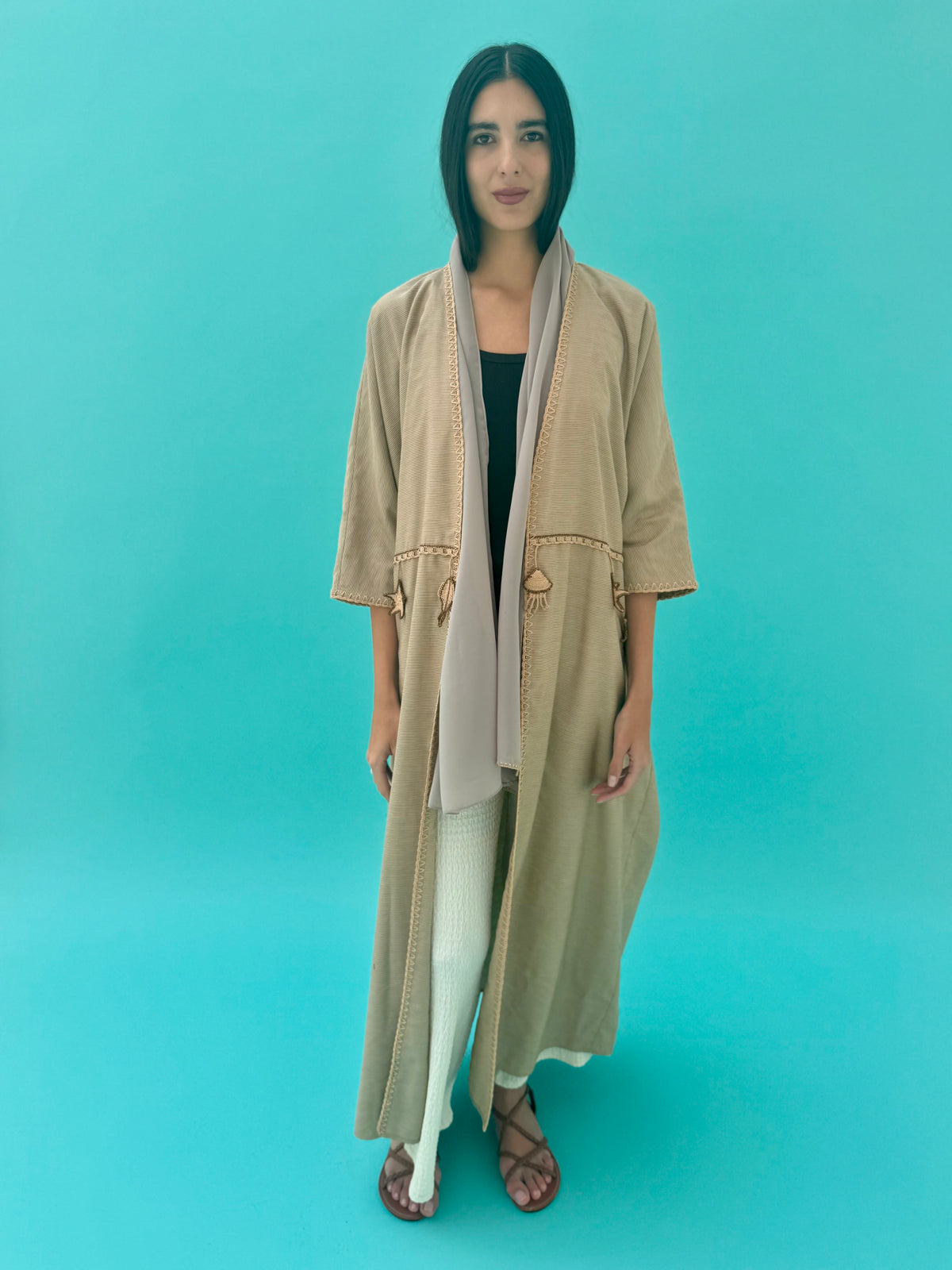 Seaworld Drop- Beige cotton abaya with beige handmade crochet