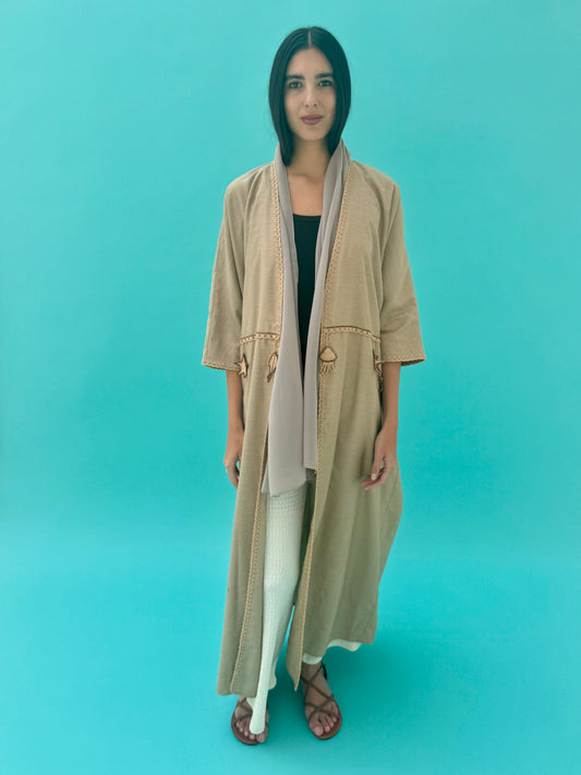 Seaworld Drop- Beige cotton abaya with beige handmade crochet