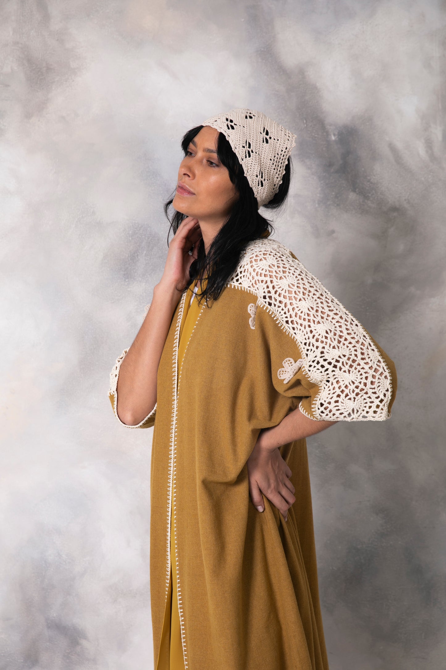 Mustard light wool abaya with handmade crochet