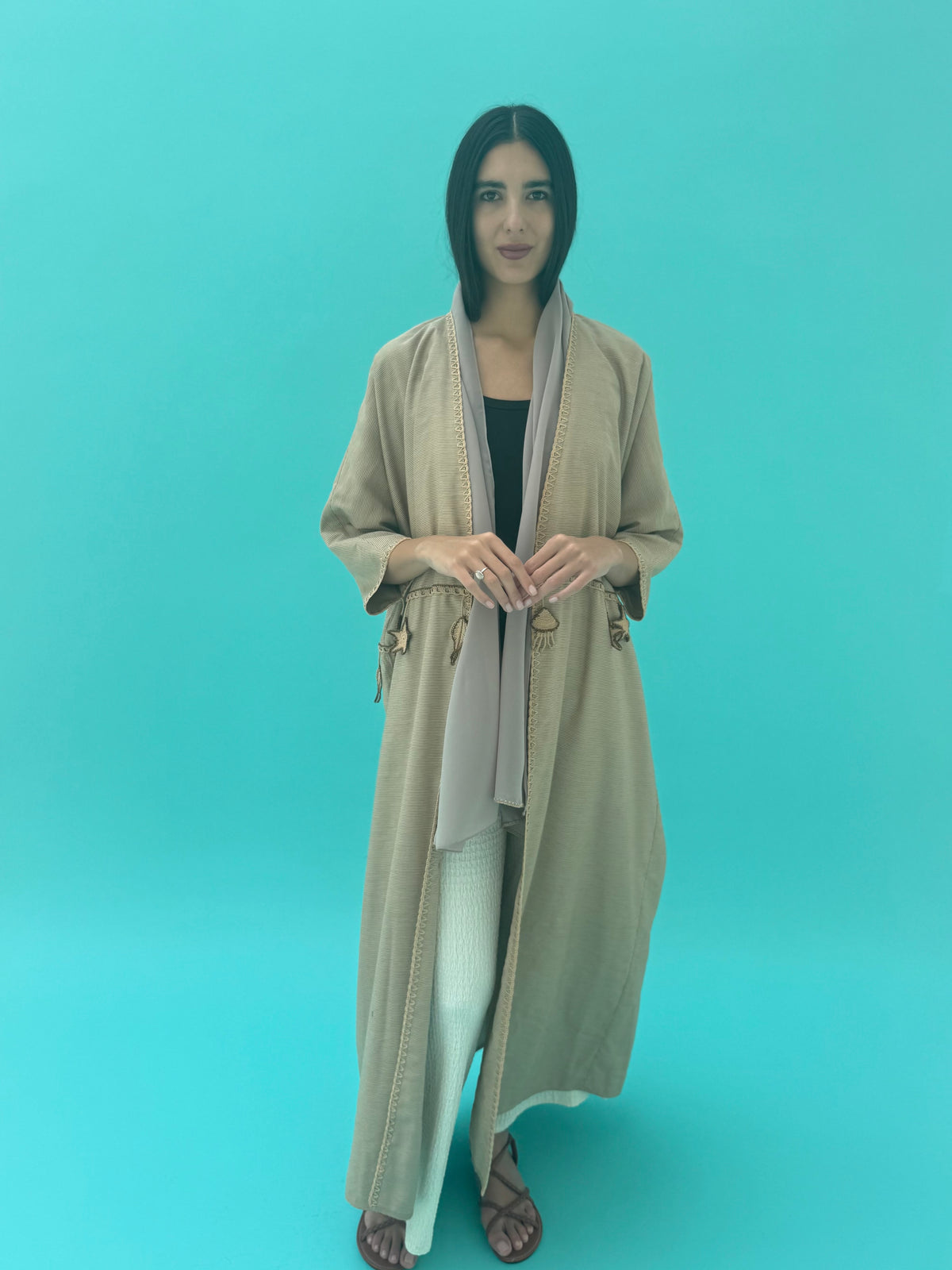 Seaworld Drop- Beige cotton abaya with beige handmade crochet