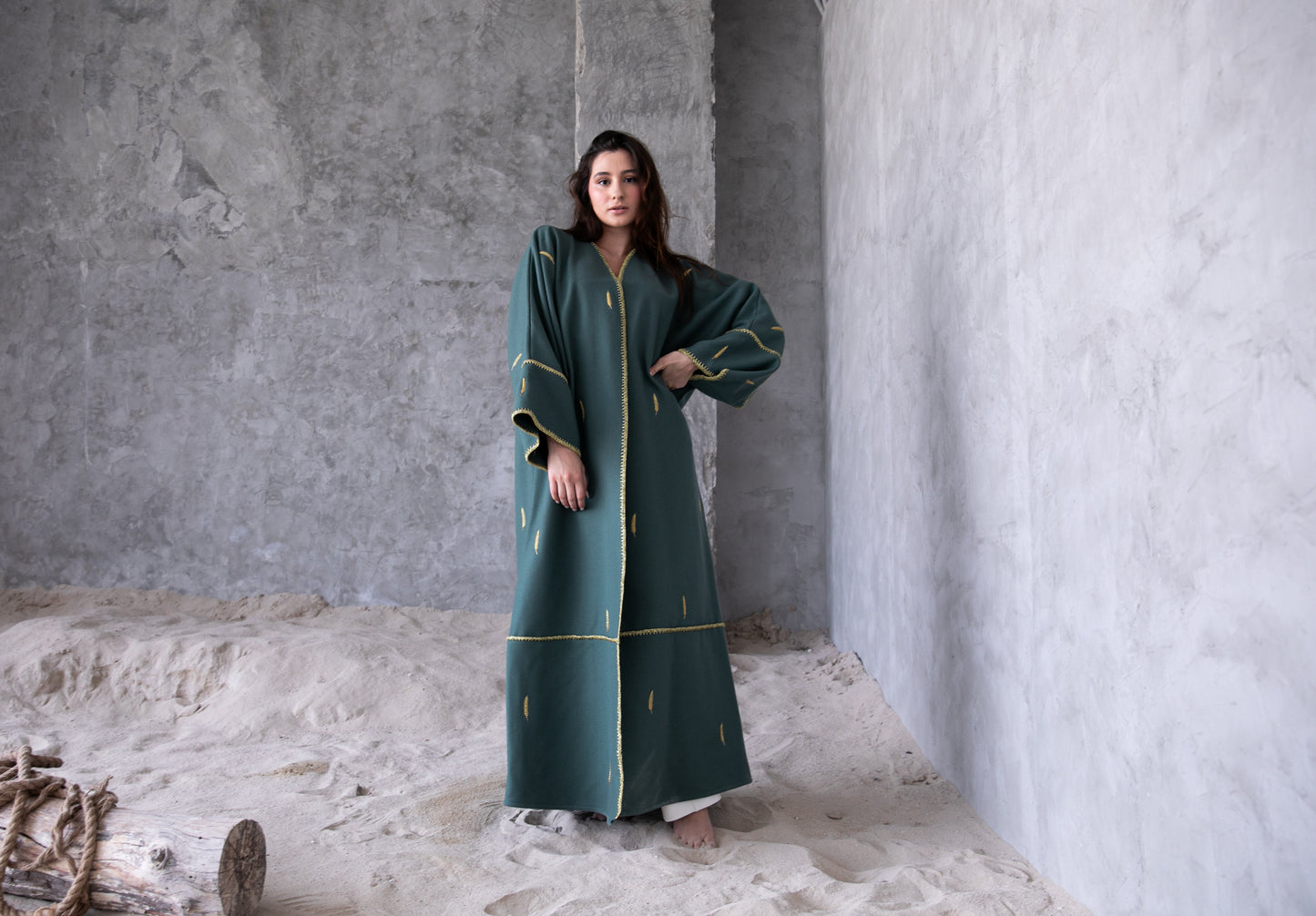 Winter abaya with handmade embrodiery and chrochet- Green