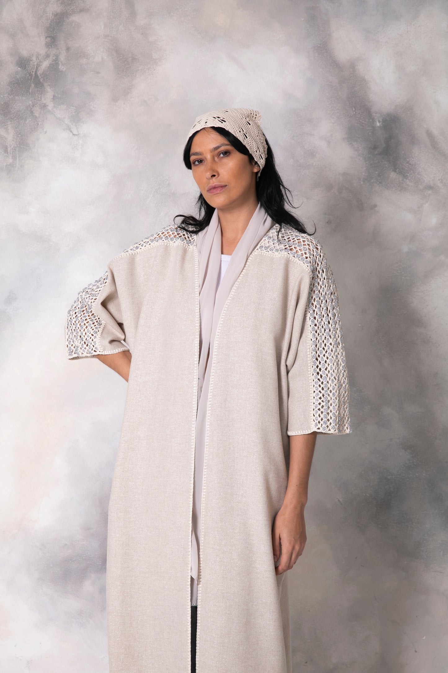 Off white silver shimmering wool abaya with handmade crochet