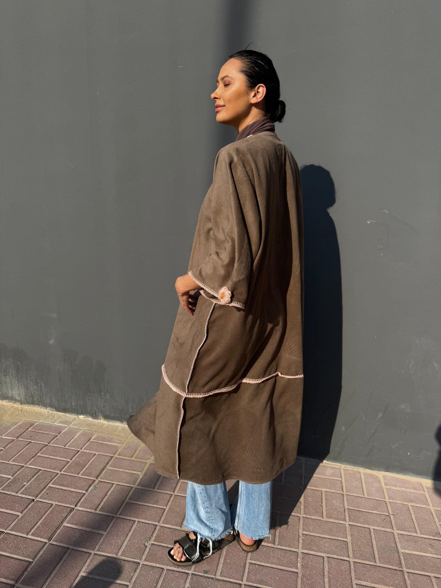 cashmere abaya with handmade crochet flowers - Brown